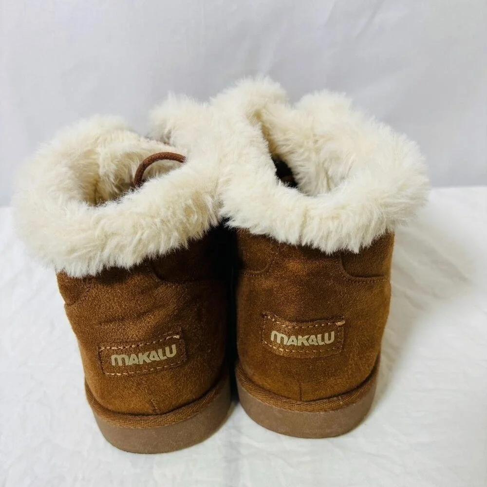 Makalu Ankle‎ Boots Women Brown Faux Fur Trim Lace Up Suede Winter Booties